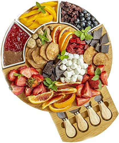Premium Bamboo Cheese Board and Knife Set - Charcuterie Board Set w Accessories – Meat and Cheese Board, Serving Platter with 3 Bowls - Housewarming Gift for Women - Anniversary Wedding Gifts