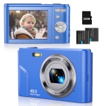 Digital Camera, 48MP Kids Camera Auto Focus Point and Shoot with 32GB Memory Card - FHD 1080P 16X Zoom Vlogging Camera Small Blue