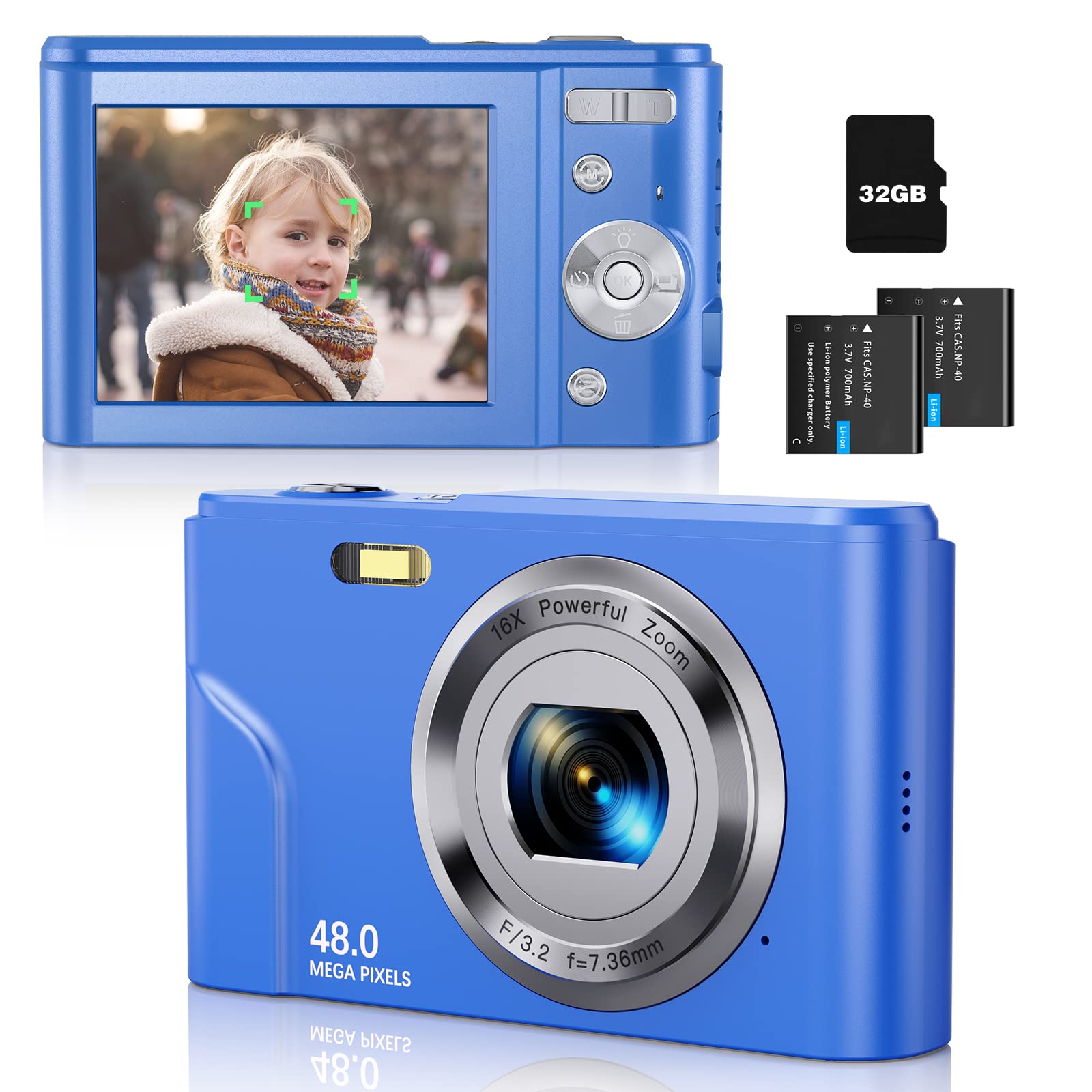 Digital Camera, 48MP Kids Camera Auto Focus Point and Shoot with 32GB Memory Card - FHD 1080P 16X Zoom Vlogging Camera Small Blue
