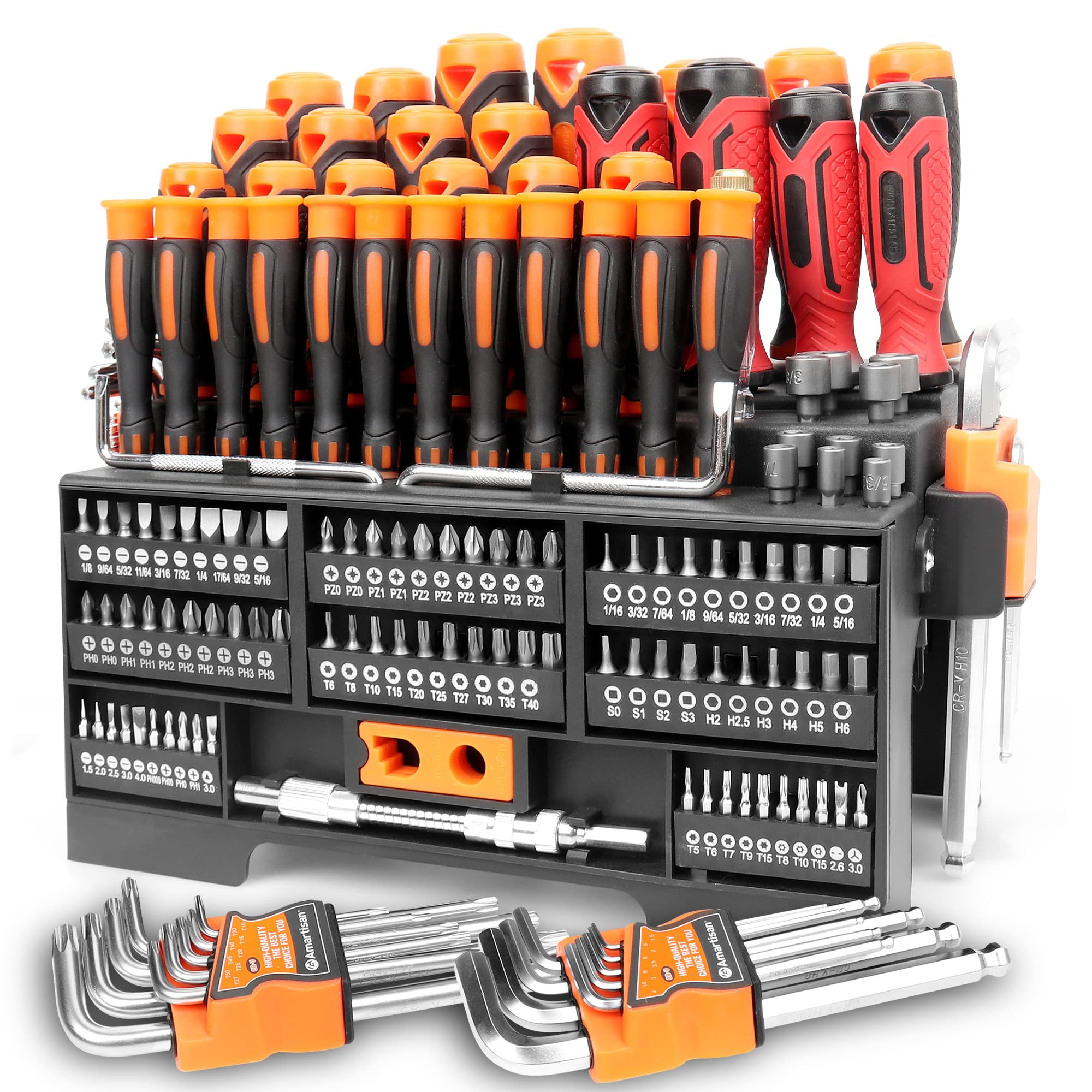 Amartisan 146-piece Magnetic Screwdrivers DIY Tools Set Plastic Racking for Men Tools Gift, Includs Precision screwdriver, Magnetizer, Key Set, Nut Driver and Bit Set